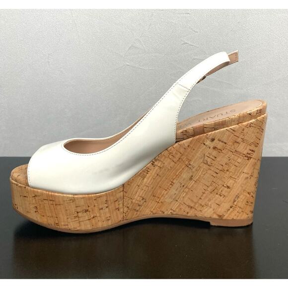 Stuart Weitzman Riveria Patent Leather Wedge Slingback Sandals White 6.5 - Picture 4 of 10